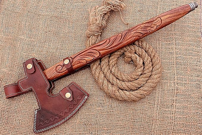 HUNTEX Unique Custom Hand-Forged Twist Pattern Damascus Steel 21 Inch Long Walnut Wood Handle Full Tang Razor Sharp Hunting Camping Outdoor Smoke Pipe Viking Axe with Genuine Leather Sheath