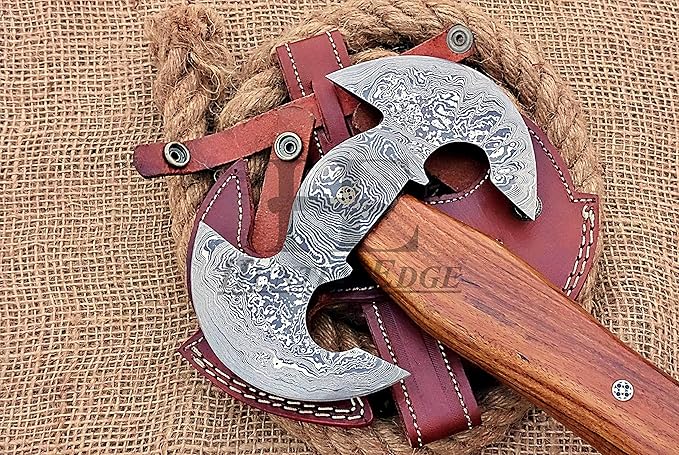 HUNTEX Unique Custom Hand-Forged Twist Pattern Damascus Steel 17 Inch Long Walnut Wood Handle Full Tang Razor Sharp Hunting Camping Outdoor Twin Blade Viking Axe with Genuine Leather Sheath