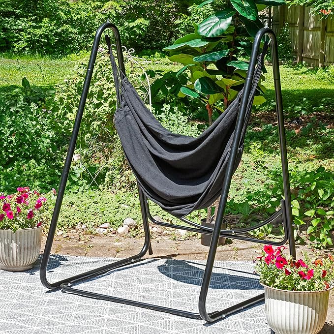 Sunnydaze Patio Hammock Chair with Stand - Hanging Hammock Swing Chair with Stand for Outside - Heavy-Duty Steel - A-Frame - Black