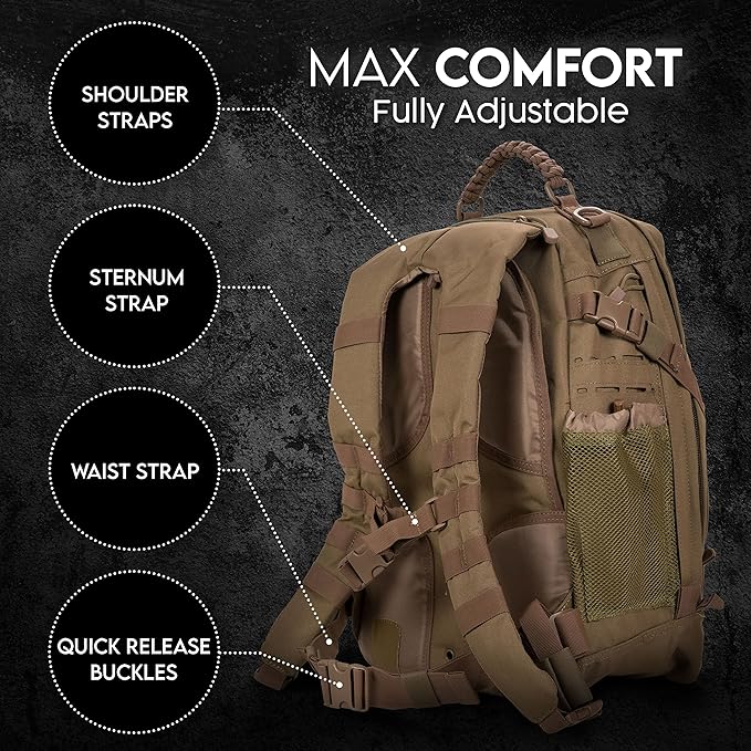 TLO Outdoors TacPack40L Tactical Backpack - Water Resistant 40 Liter Capacity Daypack Rucksack Gear Bag Laptop Bag