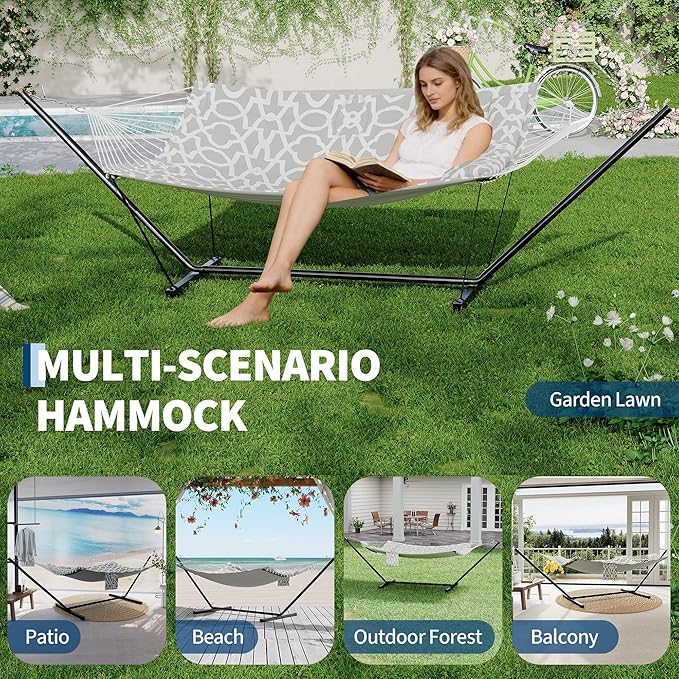 2 Person Double Hammock with Stand &amp Pillow 450 LBS Heavy Duty Outdoor Hammock with Balance Rope for Patio Backyard Poolside