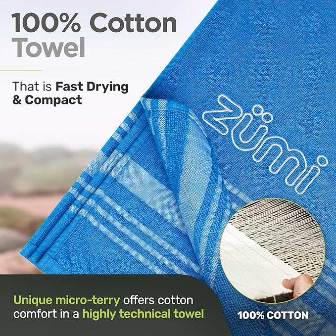 Zumi 100% Cotton Quick Dry Travel Towel - Soft Thin Compact Highly Absorbent Lightweight Camping Towel for Beach Gym Bath Shower Swimming Pool Dorm RV - Blue