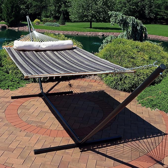 Sunnydaze Quilted Double Hammock with Stand for Outside - 400-Pound Capacity 2-Person Hammock with Stand - 15-Foot Stand - Mountainside