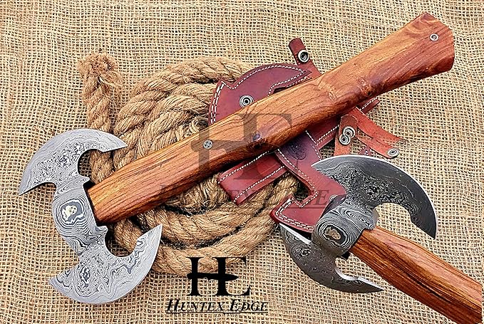 HUNTEX Unique Custom Hand-Forged Twist Pattern Damascus Steel 17 Inch Long Walnut Wood Handle Full Tang Razor Sharp Hunting Camping Outdoor Twin Blade Viking Axe with Genuine Leather Sheath
