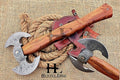 HUNTEX Unique Custom Hand-Forged Twist Pattern Damascus Steel 17 Inch Long Walnut Wood Handle Full Tang Razor Sharp Hunting Camping Outdoor Twin Blade Viking Axe with Genuine Leather Sheath