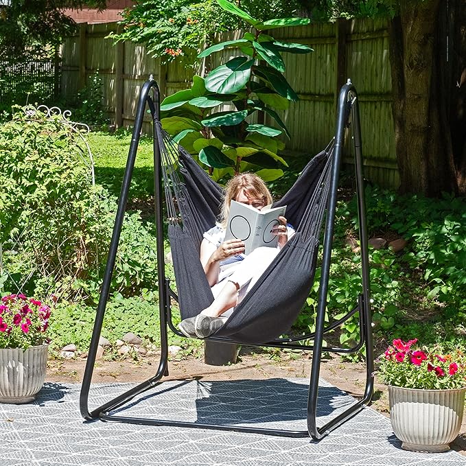Sunnydaze Patio Hammock Chair with Stand - Hanging Hammock Swing Chair with Stand for Outside - Heavy-Duty Steel - A-Frame - Black