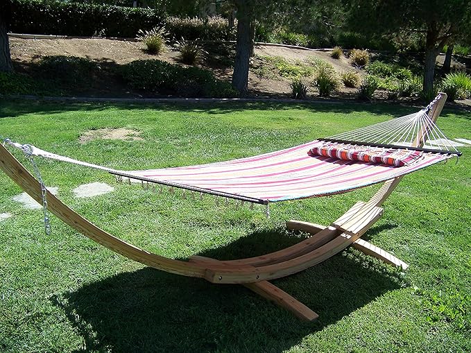 14 Ft. Wooden Arc Hammock Stand + Deluxe Quilted Double Padded Hammock Bed w/Pillow. 2 Person Bed. 450 LB Capacity(Natural Stain/Elegant Fiesta Stripe)