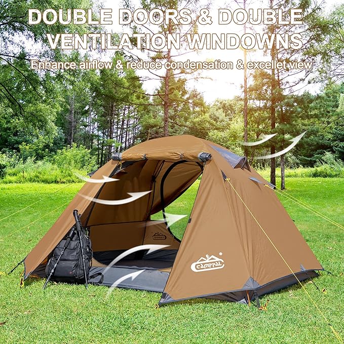 2-3 Person Backpacking Tent with Double Door 2 Vestibule Waterproof Windproof Lightweight Easy Set Up 3 Season 2 Man Two Person Tent for Camping Hiking Motorcycle Mountaineering with UPF 50+