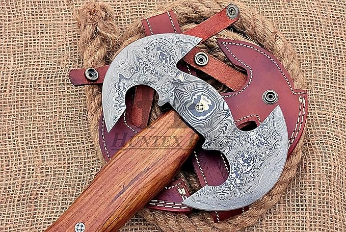 HUNTEX Unique Custom Hand-Forged Twist Pattern Damascus Steel 17 Inch Long Walnut Wood Handle Full Tang Razor Sharp Hunting Camping Outdoor Twin Blade Viking Axe with Genuine Leather Sheath