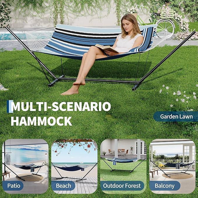 2 Person Double Hammock with Stand &amp Pillow 450 LBS Heavy Duty Outdoor Hammock with Balance Rope for Patio Backyard Poolside