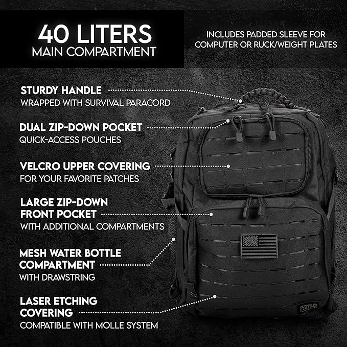 TLO Outdoors TacPack40L Tactical Backpack - Water Resistant 40 Liter Capacity Daypack Rucksack Gear Bag Laptop Bag