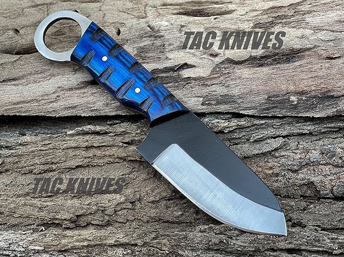 TAC KNIVES 7'' Full Tang Fixed Blade Outdoor Camping Hunting Knife In Sheath Gift For Him | 1095 High Carbon Steel Knife | SKINNER Gift | Cowboy knives | Pancake leather sheath (BLUE)