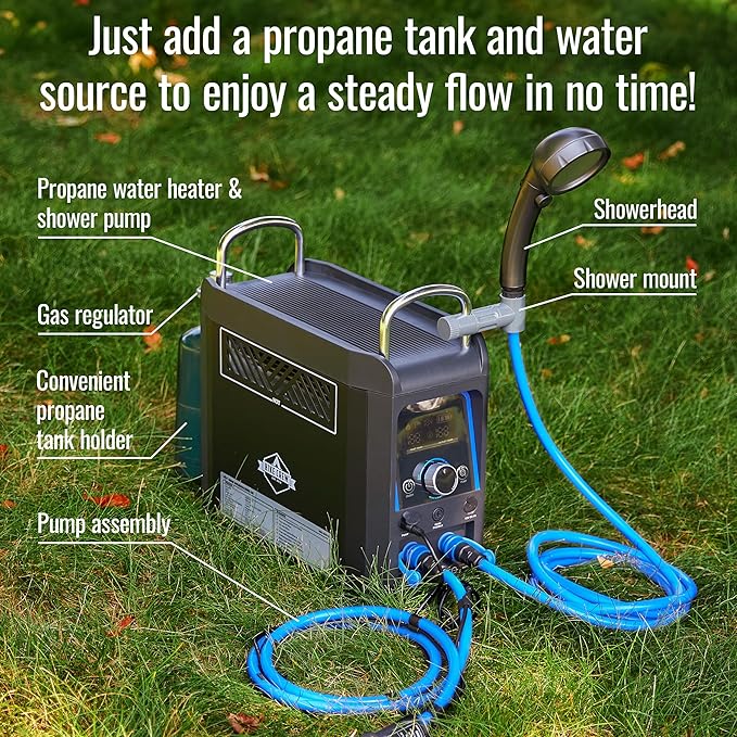 Hike Crew Propane Water Heater &amp Shower Pump | Rechargeable Portable Outdoor Water System w/Shower Head Attachment for Instant Hot Water While Camping Hiking Glamping &amp Vacationing