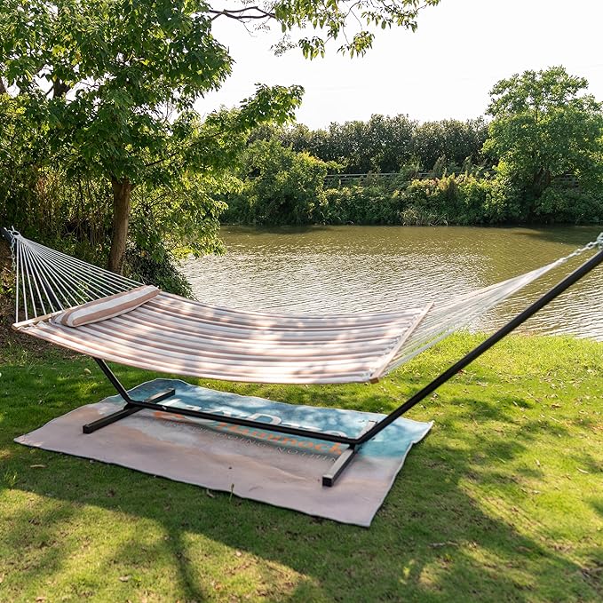 Lazy Daze 12 FT Quilted Double Hammock with Spreader Bar 2-Person Outdoor Hammock for Patio Poolside Backyard Beach 450 lbs Capacity Beige White