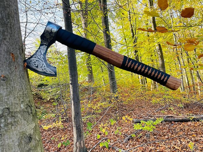 Viking Axe – Hand Forged Carbon Steel Blade with Ashwood Handle | Norse Hatchet for Camping Hunting Axe Throwing | Perfect Viking Gift for Men