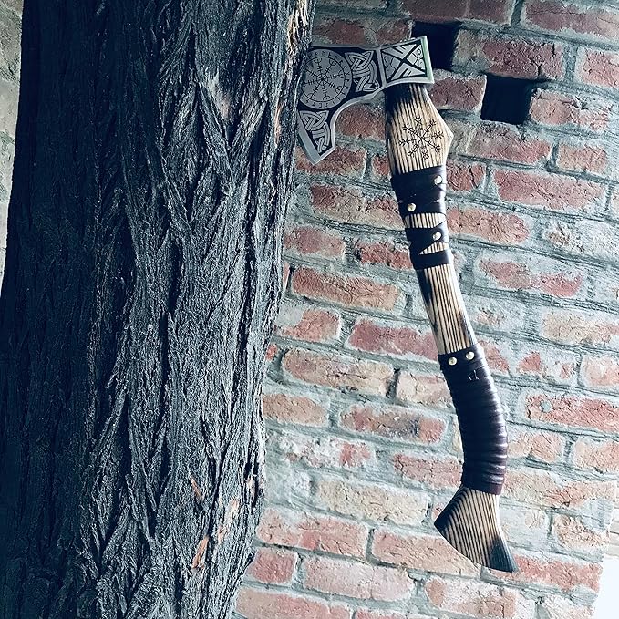 [DARK WARRIOR] Aegishjalmr viking axe Norse Viking Axe Hatchet Splitting Axe Rose Wood Shaft with Beautiful Design Leather wrap Into Handle