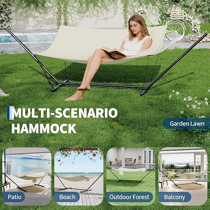 GarveeLife 2 Person Double Hammock with Stand and Pillow - 450 Lbs Capacity Heavy Duty Hammock with Balance Rope Large Outdoor Hammock for Patio Backyard Poolside