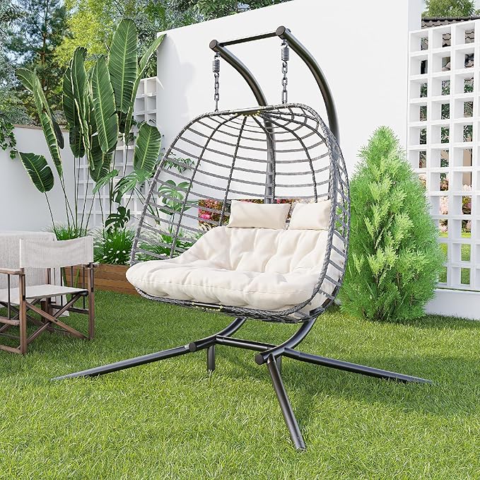Double Hanging Egg Chair wth Stand Patio Hammock Swing Chair with Cushion Loveseat for Bedroom Balcony Garden Indoor Outdoor Beige