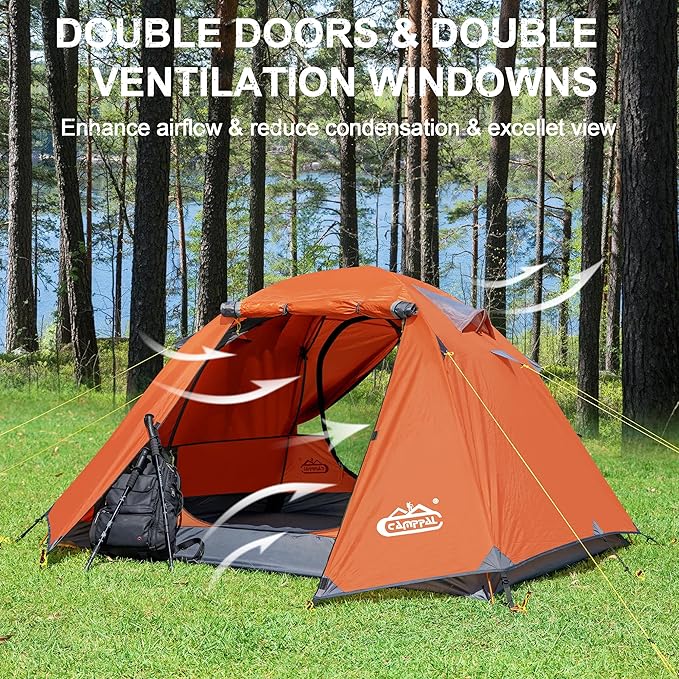 2-3 Person Backpacking Tent with Double Door 2 Vestibule Waterproof Windproof Lightweight Easy Set Up 3 Season 2 Man Two Person Tent for Camping Hiking Motorcycle Mountaineering with UPF 50+