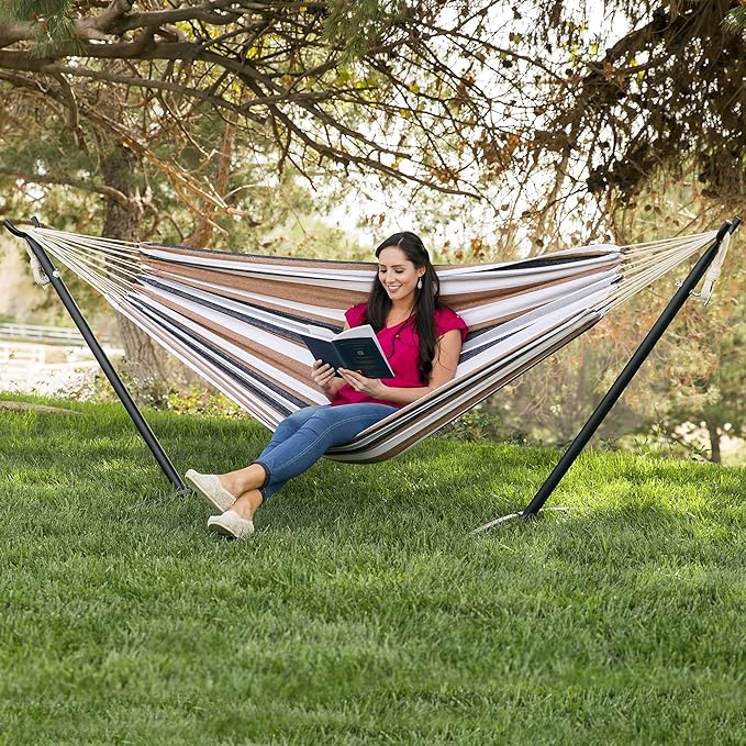 Best Choice Products Double Hammock with Steel Stand Indoor Outdoor Brazilian-Style Cotton Bed w/Carrying Bag 2-Person Capacity - Desert Stripes