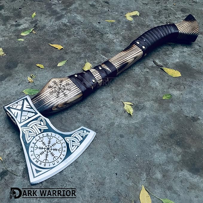 [DARK WARRIOR] Aegishjalmr viking axe Norse Viking Axe Hatchet Splitting Axe Rose Wood Shaft with Beautiful Design Leather wrap Into Handle