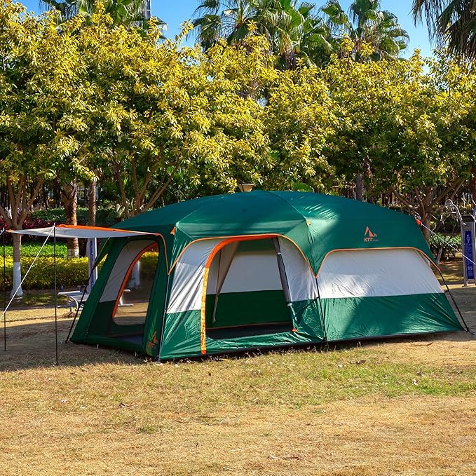 KTT Extra Large Tent 6-10-12-14 Person(A)Family Cabin Tents2 Rooms3 Doors and 3 Windows with MeshStraight WallWaterproofDouble LayerBig Tent for OutdoorPicnicCampingFamily Gathering
