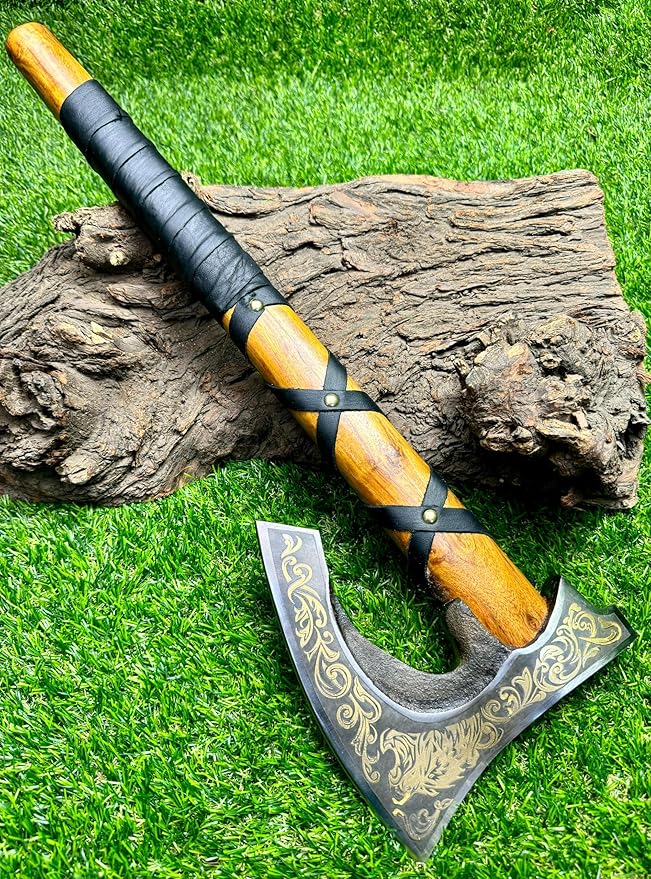Poshland AX-7004 Custom Gift Forged Carbon Steel Viking Axe with Rose Wood Shaft Viking Bearded Camping Axe
