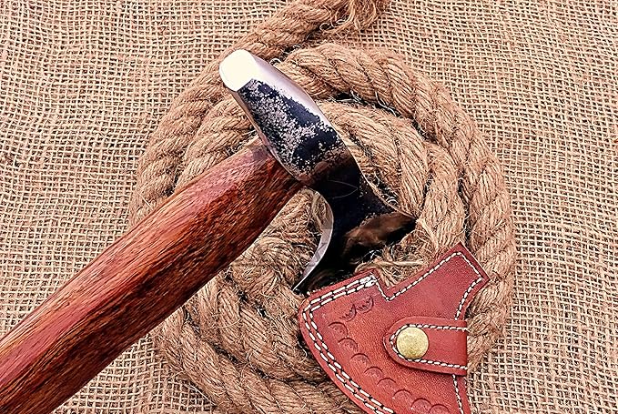 HUNTEX Custom Exposed Hand-Forged Marked 1095 High Carbon Steel 14 Inch Long Walnut Wood Handle Full Tang Razor Sharp Hunting Camping Outdoor Four Lugged Chopping Axe with Genuine Leather Sheath