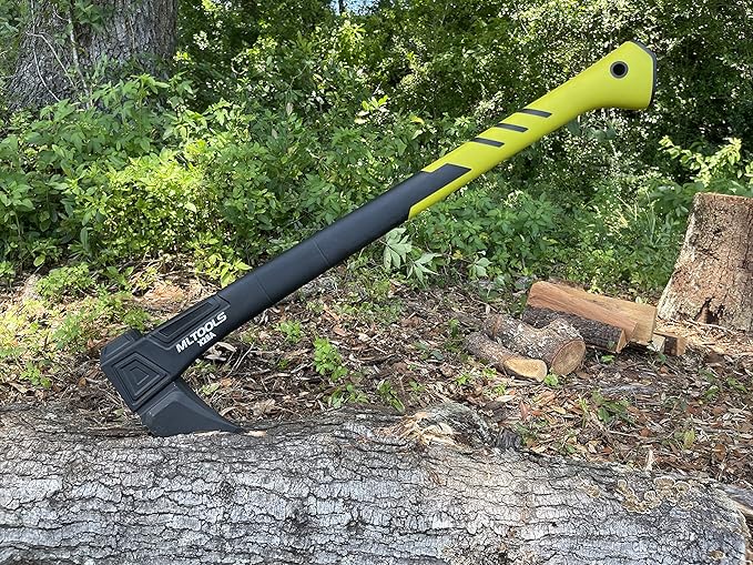 MLTOOLS Splitting Axe X28A - Camping Axe with Fiberglass Ergonomic Handle High Carbon Steel Head - Torque &amp Weatherproof Survival Axes and Hatchets - Non-Slip Grip - Protection Guard &amp Lock -