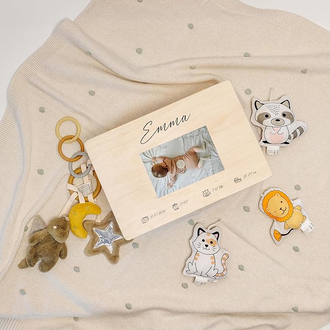 Creative Deco Personalized Wooden Storage Box Baby Memory Box | 11.8x7.87x5.51in (+-0.5) | Photo &amp Text | Lid Handles Engraving | Birth &amp Baptism | Gift Box | Rough UNSANDED Keepsake Souvenir