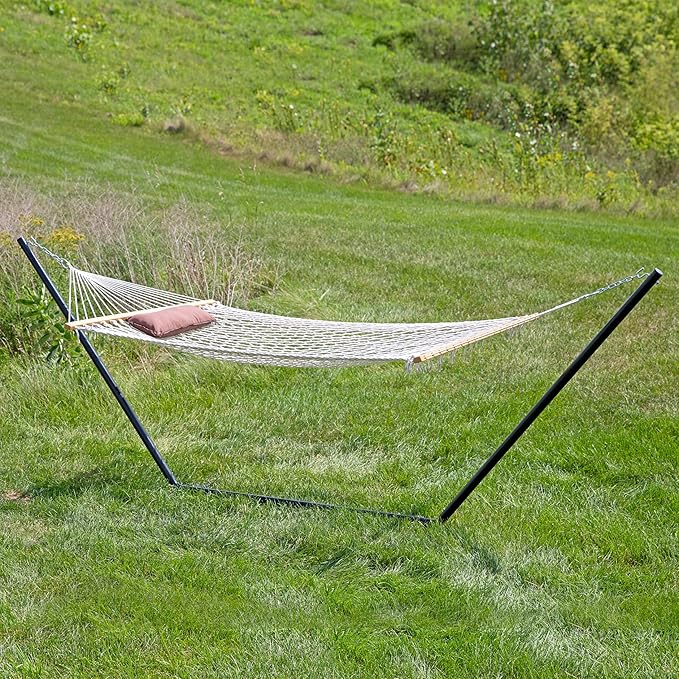Sunnydaze Rope Hammock with Stand for Outside- 275-Pound Capacity - Includes 12-Foot Hammock Stand Spreader Bar Pad and Pillow - Desert Stripe