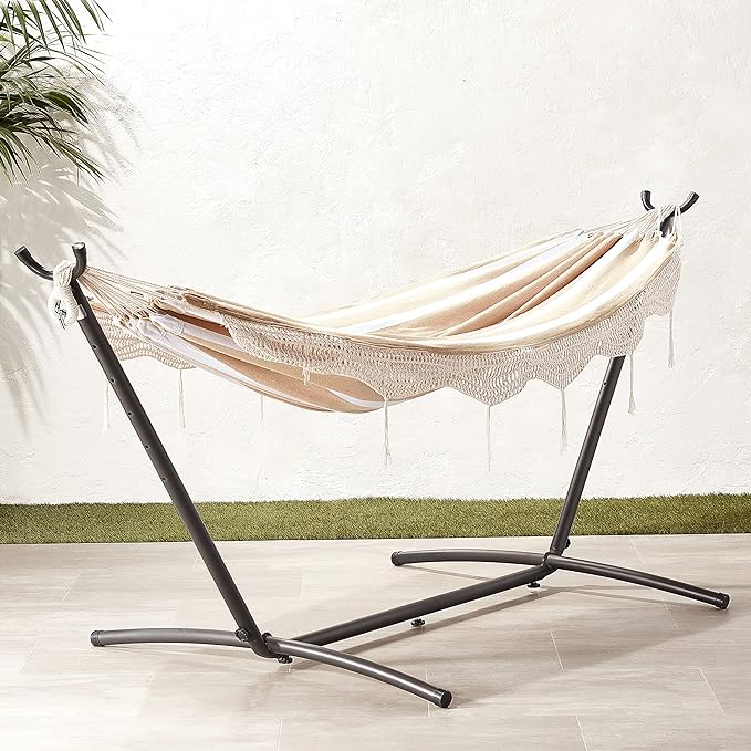 Amazon Basics Double Hammock with 9-Foot Space Saving Steel Stand and Carrying Case 2 Person 450 lb Capacity Beige Stripe with Lace 110 x 47 x 43