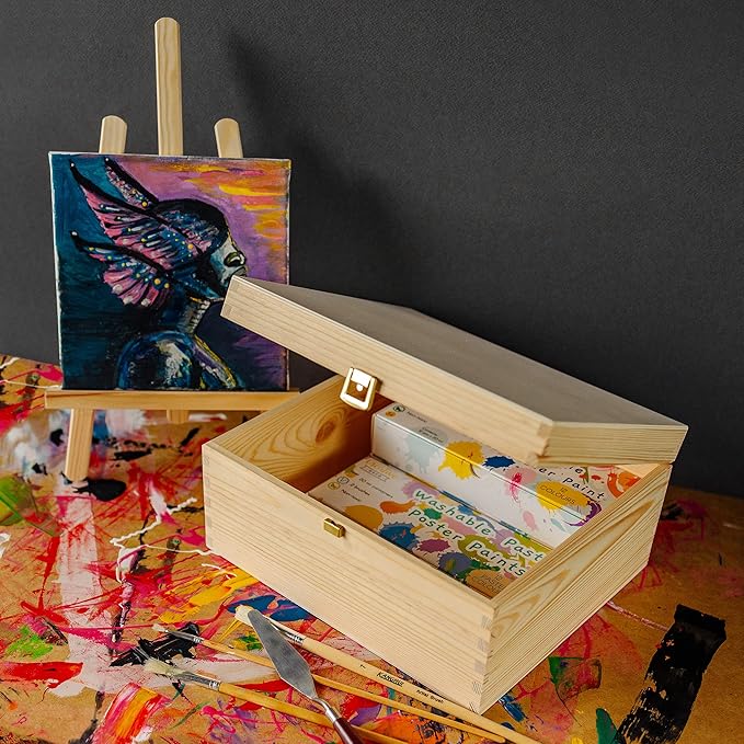 Creative Deco Wooden Storage Box Unpainted Plain | 11.41 x 9.84 x 5.51 in | Golden Latch &amp Lid | Perfect for Storing Valuables &amp Small Items in the Office or Bedroom | Keepsake Memory Trinket