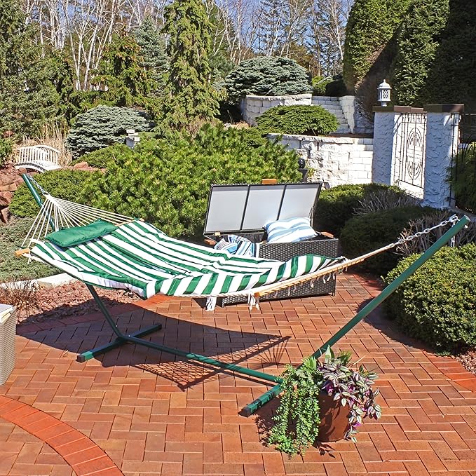 Sunnydaze Rope Hammock with Stand for Outside- 275-Pound Capacity - Includes 12-Foot Hammock Stand Spreader Bar Pad and Pillow - Green &amp White Stripe