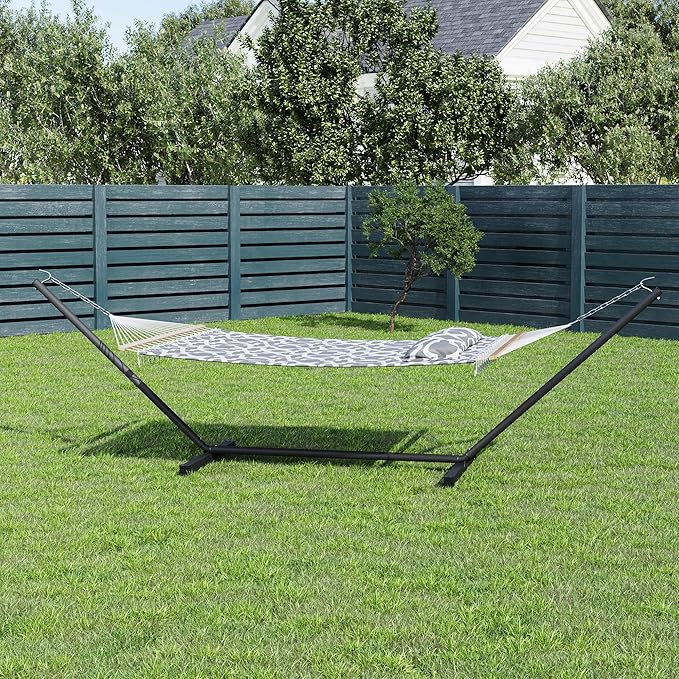 GarveeLife 57 2 Person Outdoor Hammock Widening Design Cotton Hammock with Metal Stand Heavy Duty Construction 450 LBS Weight Capacity Light Grey