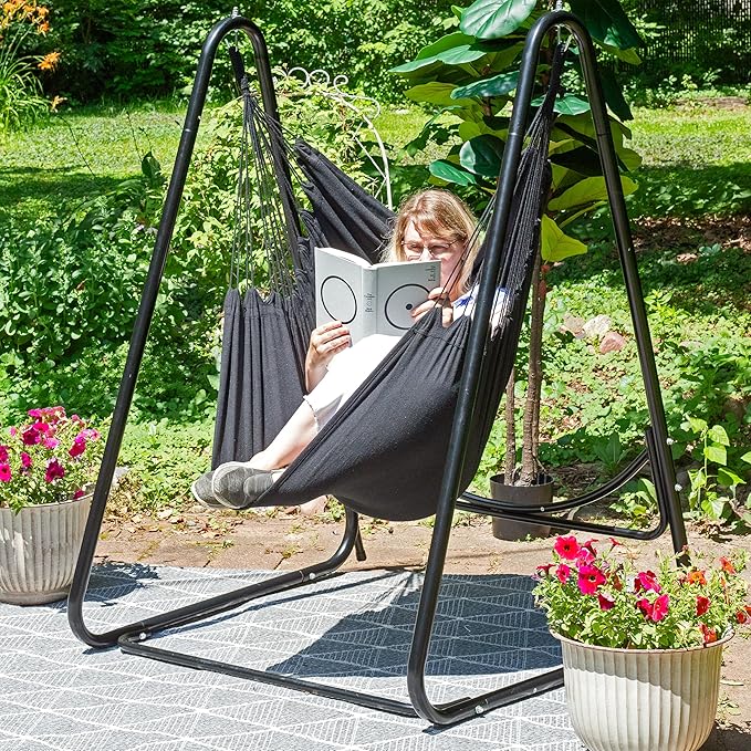 Sunnydaze Patio Hammock Chair with Stand - Hanging Hammock Swing Chair with Stand for Outside - Heavy-Duty Steel - A-Frame - Black