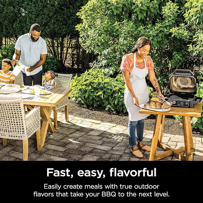 Ninja | Woodfire Series | 7-in-1 (Grill BBQ Roast Air Fry Dehydrate Broil Smoke) | Portable &amp Weather Resistant | Cook Up To 6 Steaks &amp 30 Hot Dogs | Woodfire Pellets included | OG701