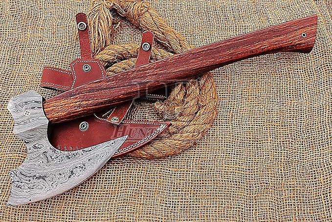 HUNTEX Custom Handmade Hand-Forged Twist Pattern Damascus Steel 21 Inch Long Walnut Wood Handle Razor Sharp Hunting Camping Wood Splitter Viking Broad Axe with Genuine Leather Sheath