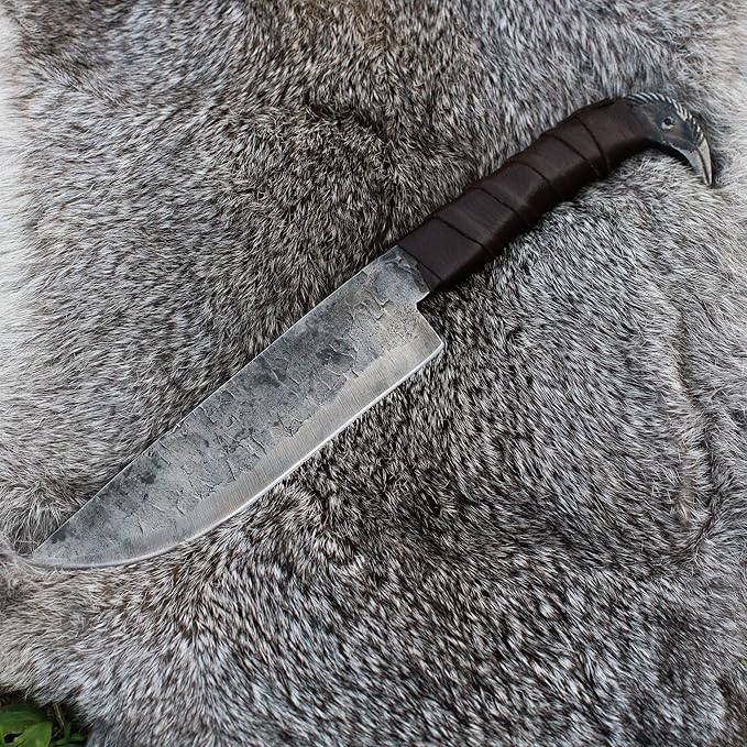 Odin's Raven Norse Viking-styled Knife 10.3 - Hand Forged 6.5 Carbon Steel Blade Raven's Head Hilt and Leather Sheath - Unique Medieval Seax Style - Norse Knife for Hunting &amp Camping