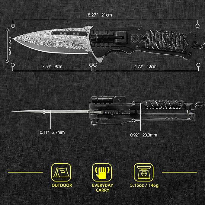 Father's Day Memorial Day &amp Birthday Gift for Him Damascus Pocket Knife Gift for Men Boyfriend Husband Father Veterans – Folding Knife with Fire Starter Whistle LED Light Serrated Blade f