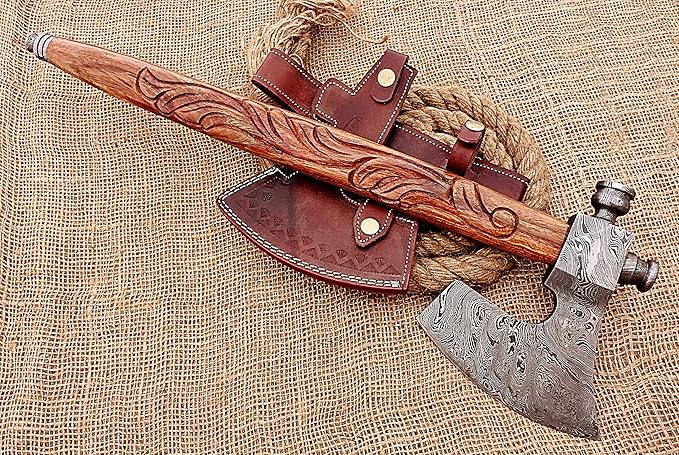 HUNTEX Unique Custom Hand-Forged Twist Pattern Damascus Steel 21 Inch Long Walnut Wood Handle Full Tang Razor Sharp Hunting Camping Outdoor Smoke Pipe Viking Axe with Genuine Leather Sheath