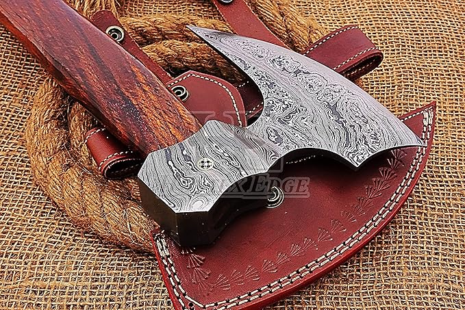 HUNTEX Custom Handmade Hand-Forged Twist Pattern Damascus Steel 21 Inch Long Walnut Wood Handle Razor Sharp Hunting Camping Wood Splitter Viking Broad Axe with Genuine Leather Sheath