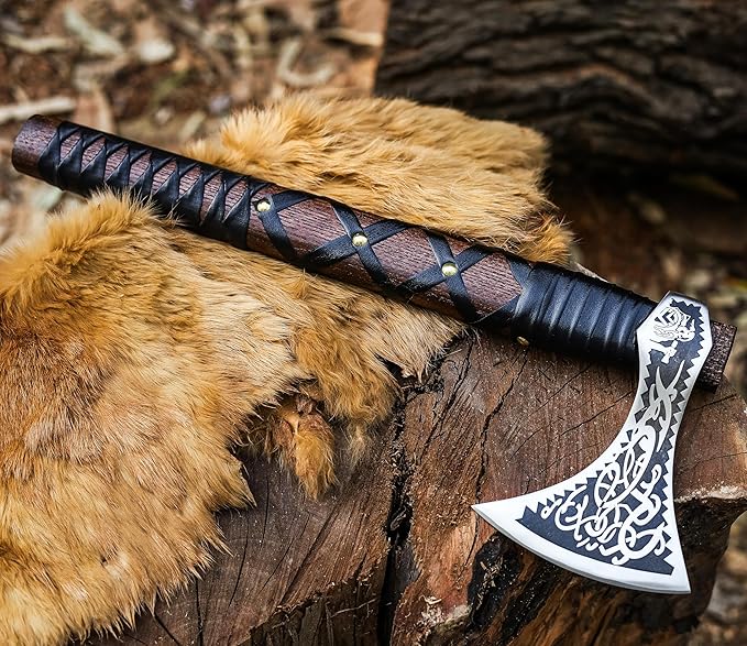 SHINY CRAFTS® Norse Viking Axe with Leather Sheath – Hand-Forged Bearded Hatchet Tomahawk Axe for Camping Survival Woodcutting Unique Gift for Him Husband Dad Groomsmen (Black-VBA-04)