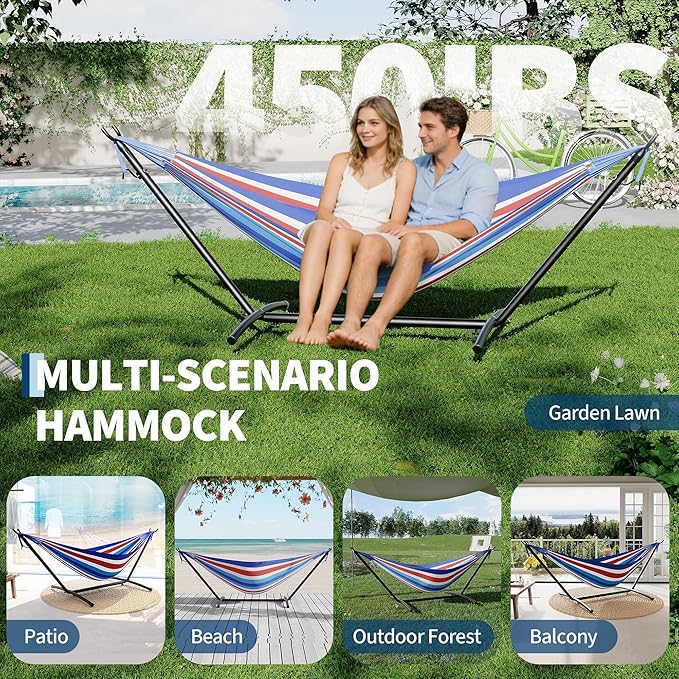 Double Hammocks with Stand for Outside Portable Space Saving Heavy-Duty Steel Stand for Indoor Outdoor Patio with Carrying Bag 450 lbs Capacity