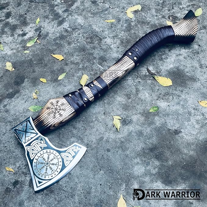 [DARK WARRIOR] Aegishjalmr viking axe Norse Viking Axe Hatchet Splitting Axe Rose Wood Shaft with Beautiful Design Leather wrap Into Handle