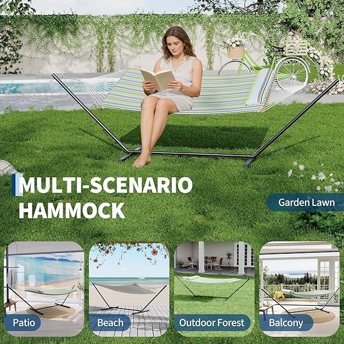 Double Hammock with Stand Curved-Bar Hammock 450LBS Capacity 2 Person Large Hammock Indoor and Outdoor Hammock Perfect for Backyard Patio Beach