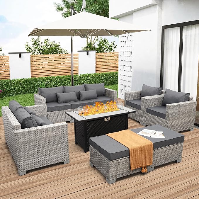 Outdoor Propane Fire Pit 45 Inch Patio Firepit Table with Fire Glass and Wind Guard for Outside Parties and Gatherings on Garden Backyard Porch