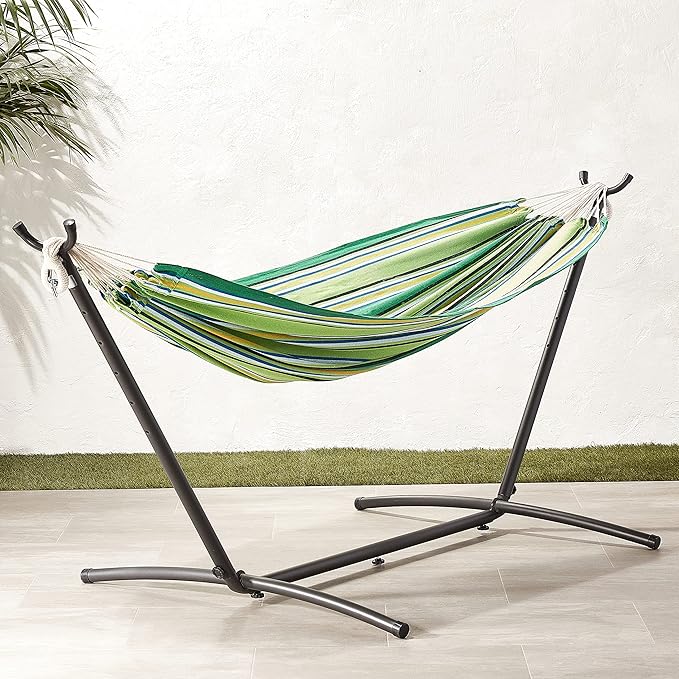 Amazon Basics Double Hammock with 9-Foot Space Saving Steel Stand and Carrying Case 450 lb Capacity Vigor Green 110 x 47 x 43
