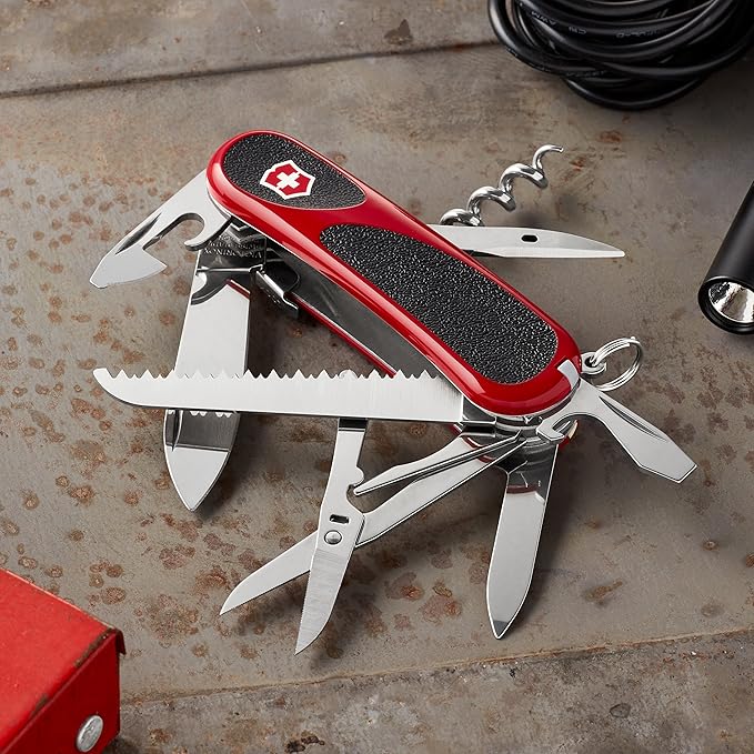 Victorinox Evolution S17 Grip Swiss Army Knife 15 Functions Swiss Made Pocket Knife with Large Blade Screwdriver and Lock Blade - Red/Black