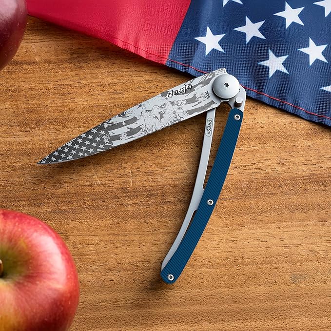 deejo - 37G Folding Pocket Knife with Belt Clip - American Bald Eagle Design 3.7-Inch Stainless Steel Blade Blue Aluminum Handle - Lightweight Everyday Carry for Home Work and Outdoor Use